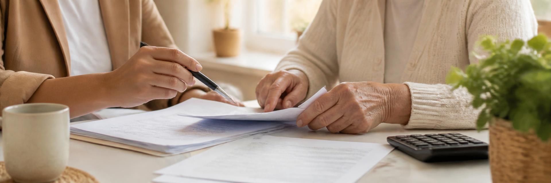 Une personne âgée et une conseillère examinent des documents d'aides financières : APA, APL, crédit d'impôt et ASH