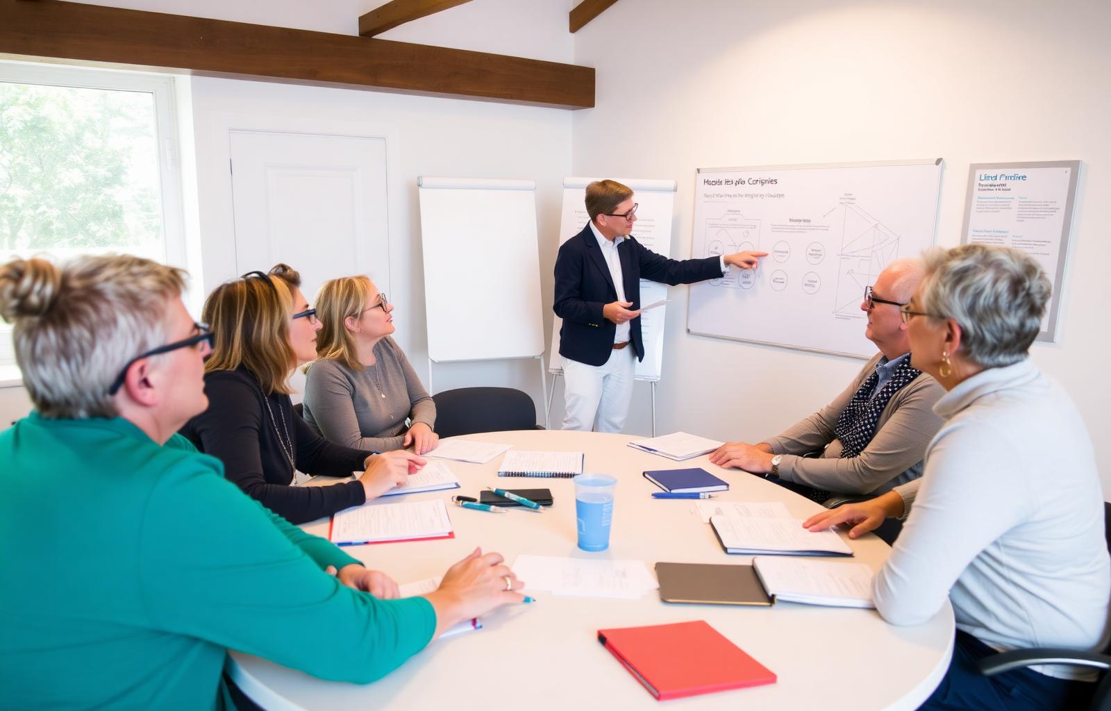 Stagiaires adultes attentifs autour d'une table d'atelier de formation animé par un formateur devant un tableau : formation pour accueillants familiaux