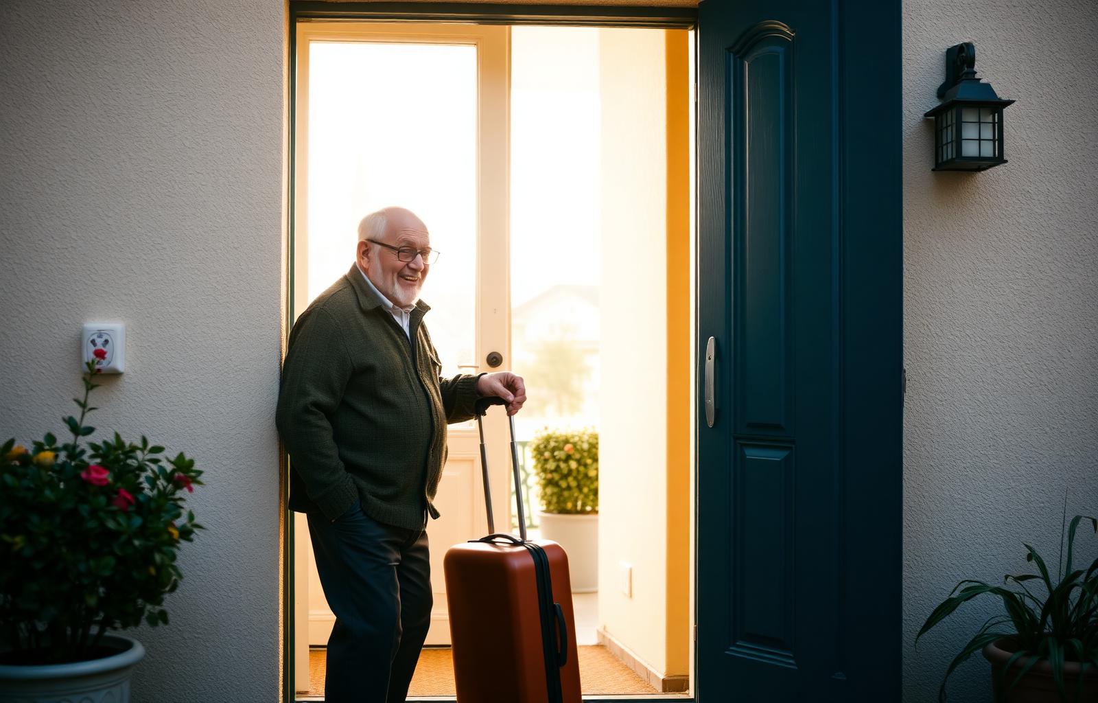 Monsieur âgé arrivant avec sa valise sur le seuil ensoleillé d'une famille d'accueil pour un séjour temporaire